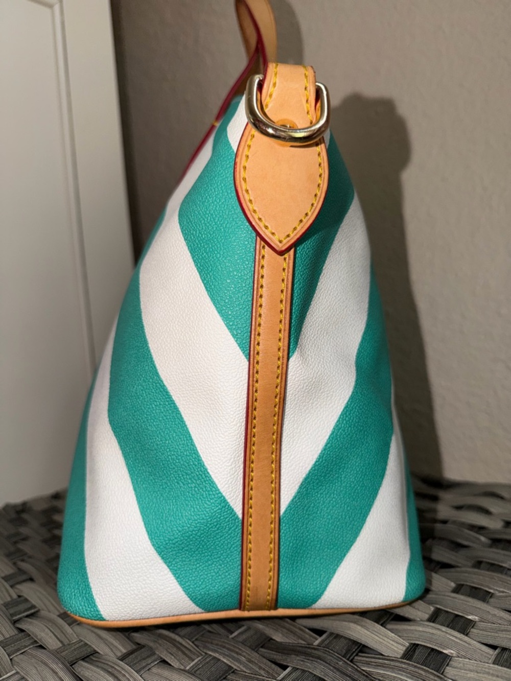 Dooney & Bourke Olivia Chevron Satchel Teal & White Stripes - Leather Top Handle - Picture 9 of 15